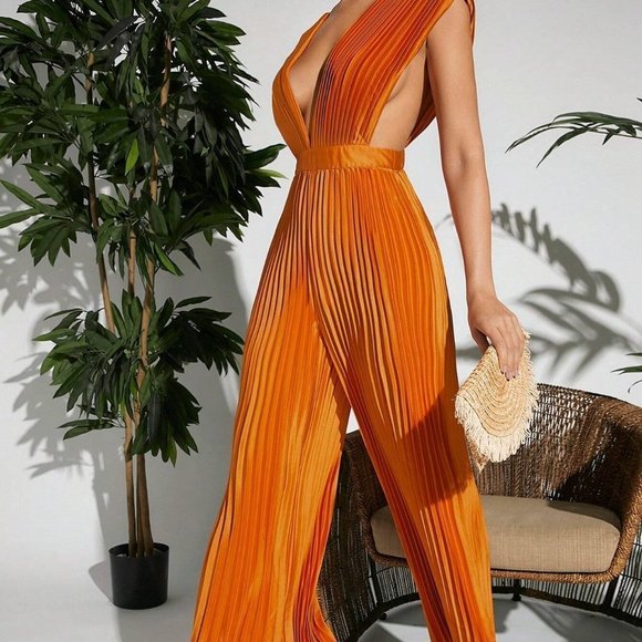 Plunging Neck Pleated Wide Leg Satin Jumpsuit Orange - Picture 3 of 5